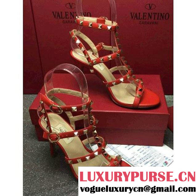 Valentino Red Lambskin Veins Rockstud Sandal With 9.5CM Heel 2016 (GD3015-6061253 )