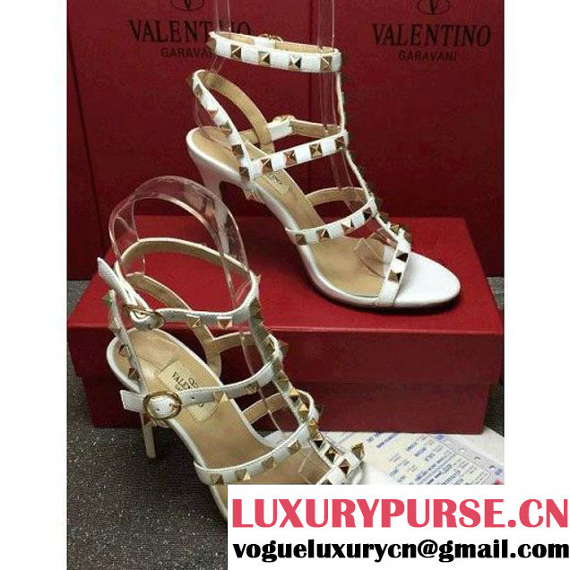 Valentino White Lambskin Veins Rockstud Sandal With 9.5CM Heel 2016 (GD3015-6061255 )