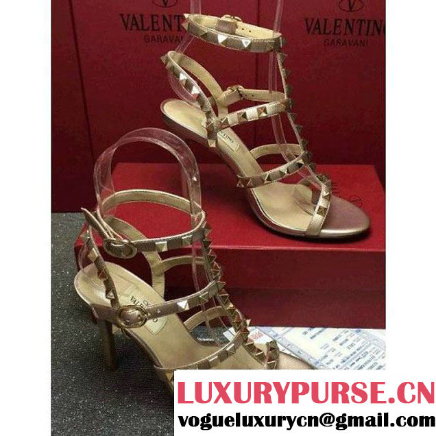 Valentino Light Gold Lambskin Veins Rockstud Sandal With 9.5CM Heel 2016 (GD3015-6061256 )