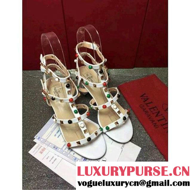 Valentino Multicolor Rockstud Rolling Lambskin Veins Sandal White 2016 (GD3015-6061257 )