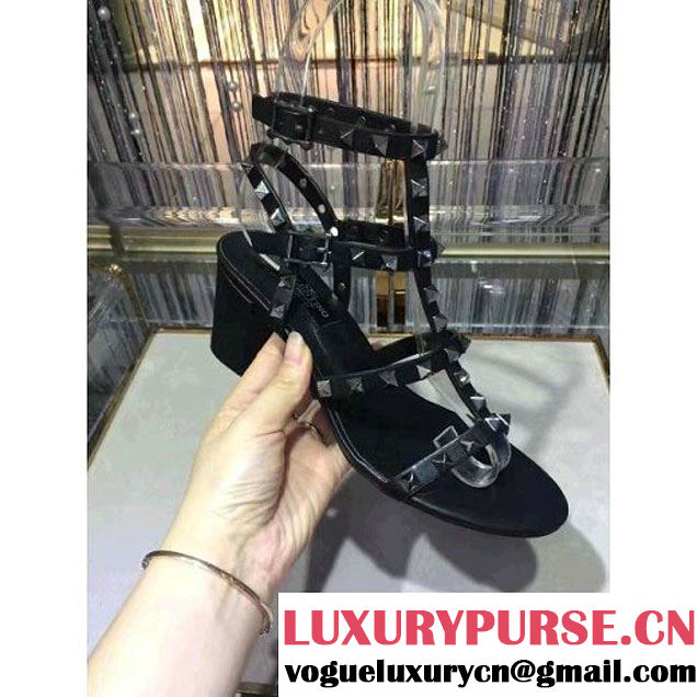 Valentino Rockstud Calfskin Sandal with 6.5CM Heel All Black 2017 (GD3015-7020841 )