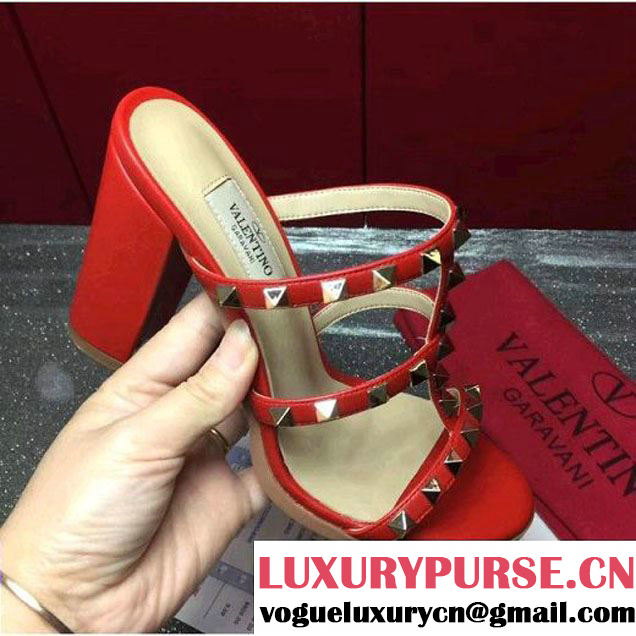 Valentino Garavari Lambskin Rockstud Slide-on Sandal 9.5CM Heel Red 2017 (GD3015-8030352 )