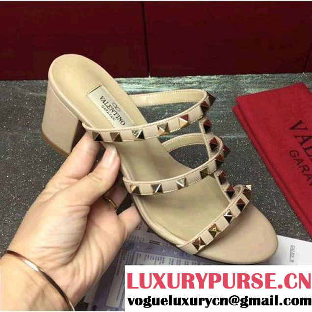 Valentino Lambskin Rockstud Slide-on Sandal 6.5CM Heel Nude 2017 (GD3015-8030264 )