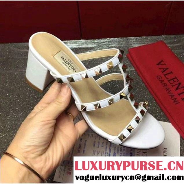 Valentino Lambskin Rockstud Slide-on Sandal 6.5CM Heel White 2017 (GD3015-8030263 )