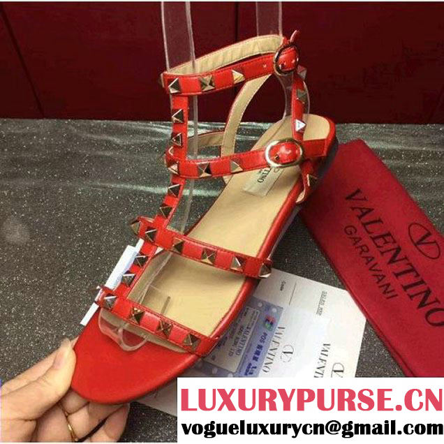 Valentino Calfskin Rockstud Flat Sandal Red 2017 (GD3015-8030256 )