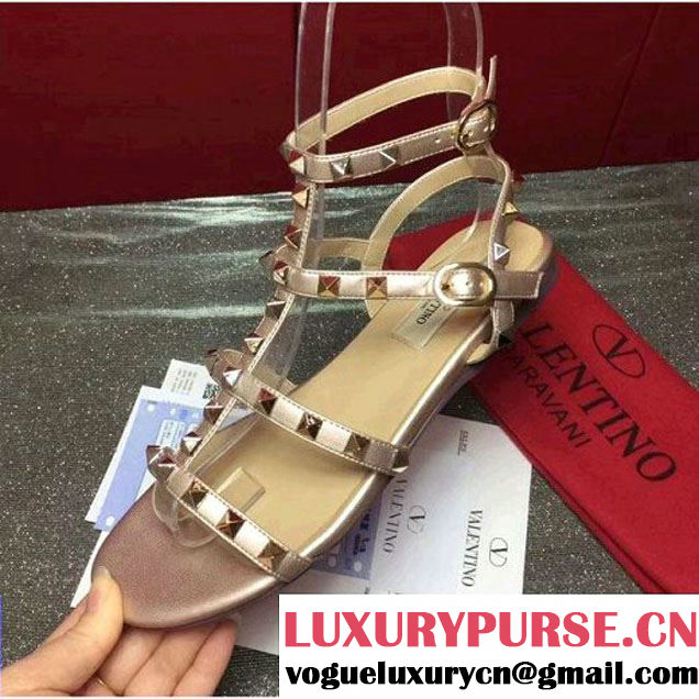 Valentino Calfskin Rockstud Flat Sandal Champagne 2017 (Gd3015-8030255 )