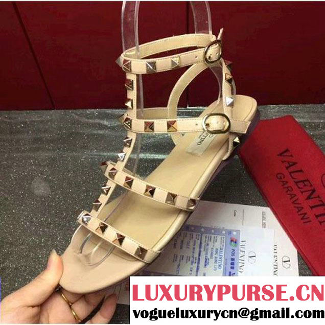 Valentino Calfskin Rockstud Flat Sandal Nude 2017 (Gd3015-8030253 )