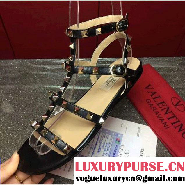 Valentino Calfskin Rockstud Flat Sandal Black 2017 (GD3015-8030252 )