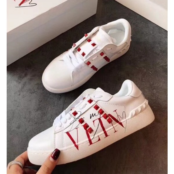 Valentino Open Calfskin Sneaker with VLTN Print White/Red 2018