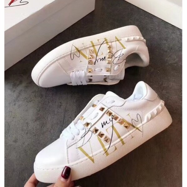 Valentino Open Calfskin Sneaker with VLTN Print White/Gold 2018