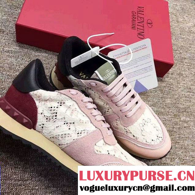 Valentino Rockstud Lace Sneaker For Woman/Men Pink/Black 2017 (YL-7110859 )