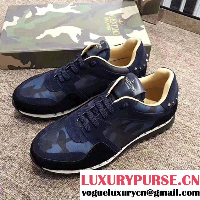 Valentino Camouflage Studded Sneaker in Fabric and Suede Deep Blue For Women/Men 2017 (YL-8011267 )