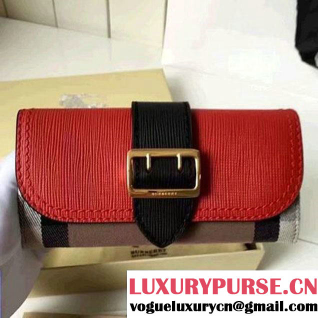 Burberry House Check and Leather Continental Wallet with Buckle 40224181 Red/Black 2016 (2A016-6082624 )