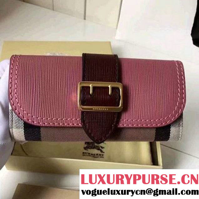 Burberry House Check and Leather Continental Wallet with Buckle 40224181 Pink/Burgundy 2016 (2A016-6082627 )