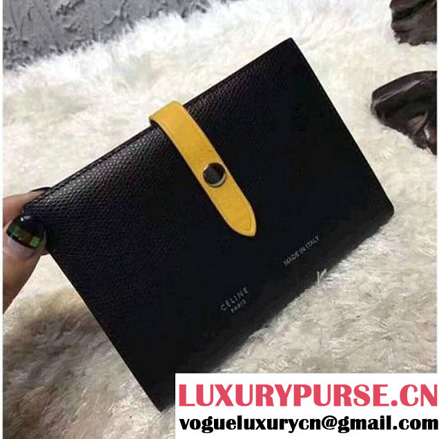 Celine Strap Grained Calfskin Medium Multifunction Wallet Black/Yellow 2017 (1A021-7050319 )