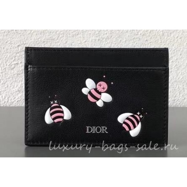 Dior Calfskin DIOR X KAWS Card Holder Black with Pink Bees 2019