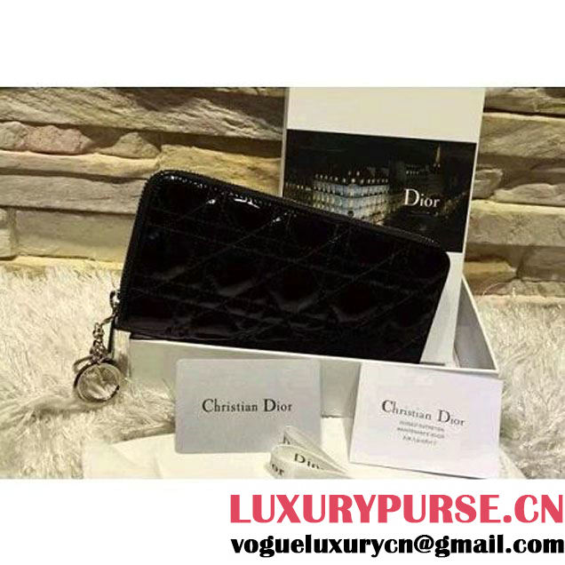 Dior Lady Dior Voyageur Wallet In Black Patent Calfksin 2015 (2A193-090914 )