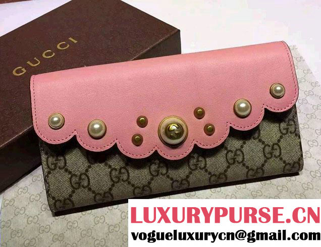 Gucci Pearl Studs Peony GG Supreme Continental Wallet 431474 Pink 2016