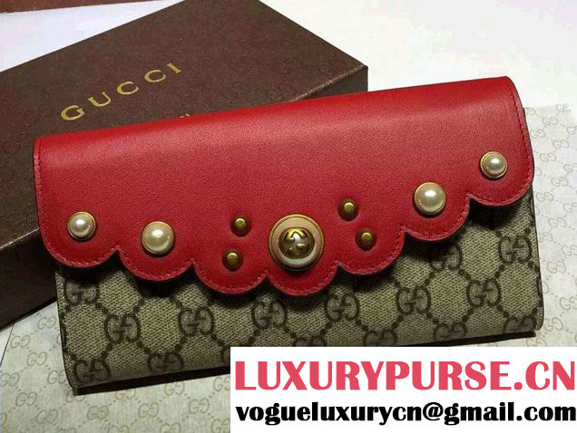 Gucci Pearl Studs Peony GG Supreme Continental Wallet 431474 Red 2016