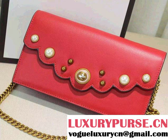 Gucci Pearl Studs Leather Mini Chain Wallet Bag 431478 Red 2016