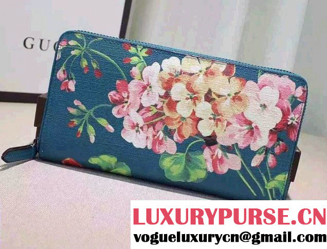 Gucci Blooms Print Leather Zip Around Wallet 410102 Blue 2016