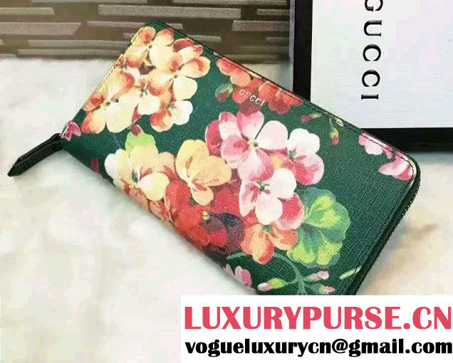 Gucci Blooms Print Leather Zip Around Wallet 410102 Green 2016