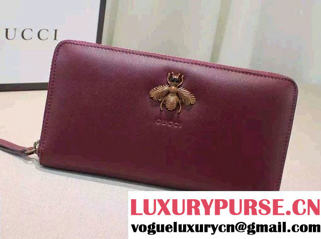 Gucci Bee Embroidered Zip Around Wallet 428747 Burgundy 2016