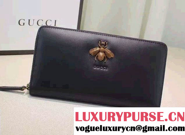 Gucci Bee Embroidered Zip Around Wallet 428747 Black 2016