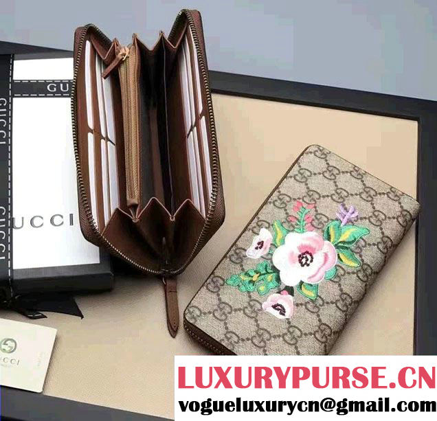 Gucci Embroidered Flowers Exclusive GG Supreme Zip Around Wallet 456863 Brown 2016