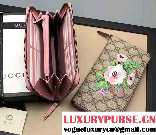 Gucci Embroidered Flowers Exclusive GG Supreme Zip Around Wallet 456863 Pink 2016