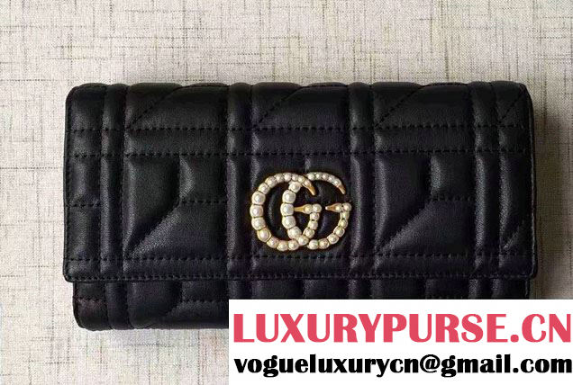 Gucci Pearl Logo GG Marmont Matelassé Chevron Continental Wallet 443436 Black 2016