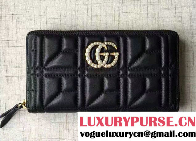 Gucci Pearl Logo GG Marmont Matelassé Chevron Zip Wallet 443123 Black 2016