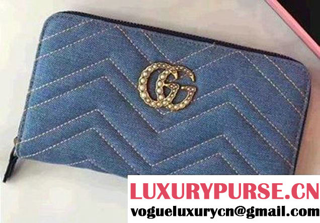 Gucci Pearl Logo GG Marmont Matelasse Chevron Cloth Fabric Zip Wallet 443223 Blue