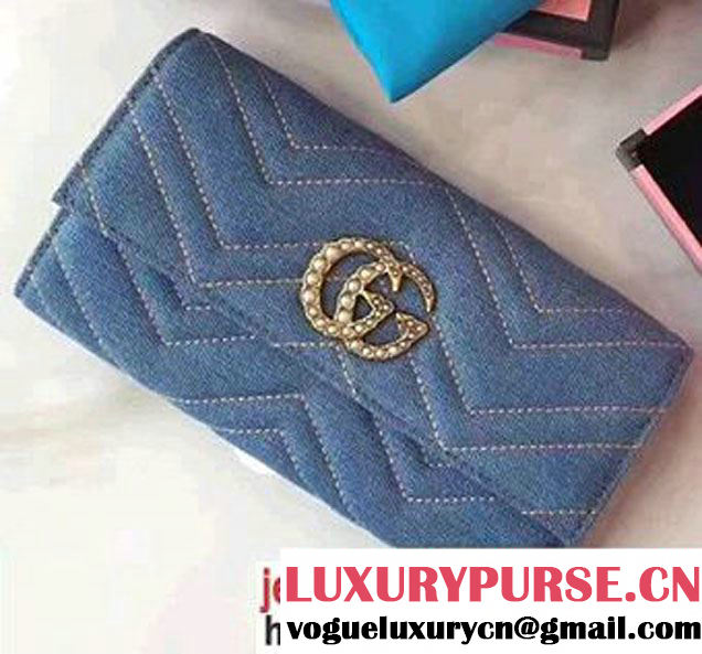 Gucci Pearl Logo GG Marmont Matelasse Chevron Cloth Fabric Continental Wallet 443436 Blue