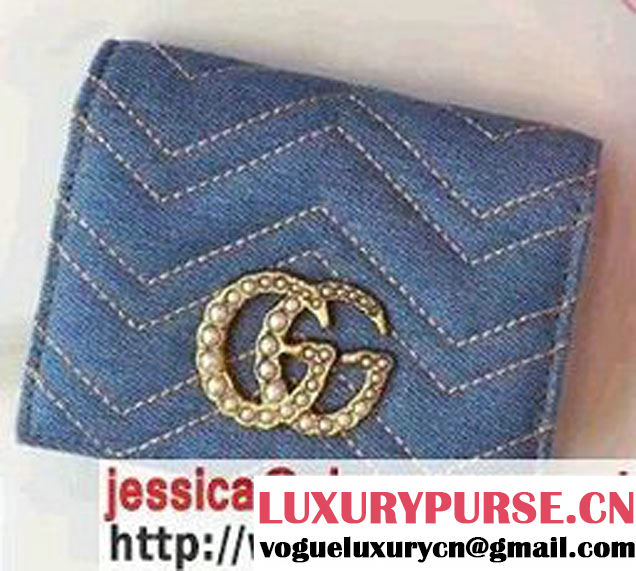 Gucci Pearl Logo GG Marmont Cloth Fabric Card Caase 466492 Blue