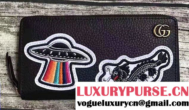 Gucci Leather Zip Around Wallet With Embroidered Black Dragon 2017