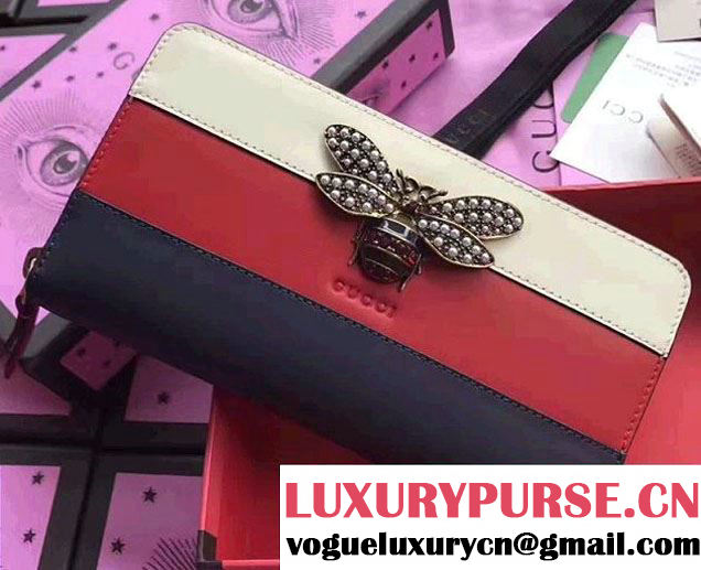 Gucci Queen Margaret Leather Continental Zip Around Wallet Metal Bee Trim 476069 White/Red/Dark Blue 2017