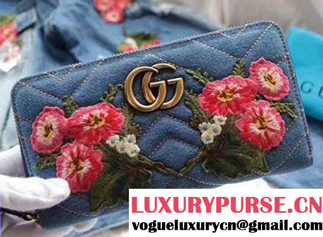 Gucci Metal Logo GG Marmont Embroidered Floral Cloth Fabric Chevron Zip Wallet 443123 Blue