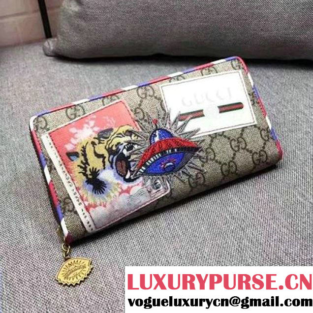 Gucci GG Supreme Embroided Patches Zip Around Wallet 473909 Brown 2017 (WY-7081729 )