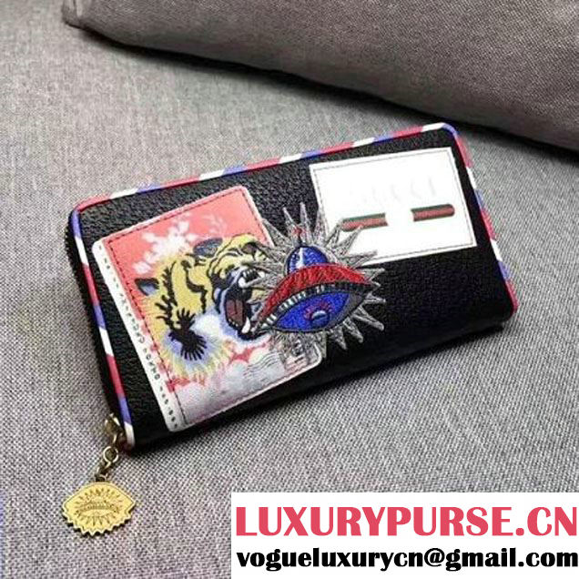 Gucci Black Leather Embroided Patches Zip Around Wallet 473909 2017 (WY-7081731 )