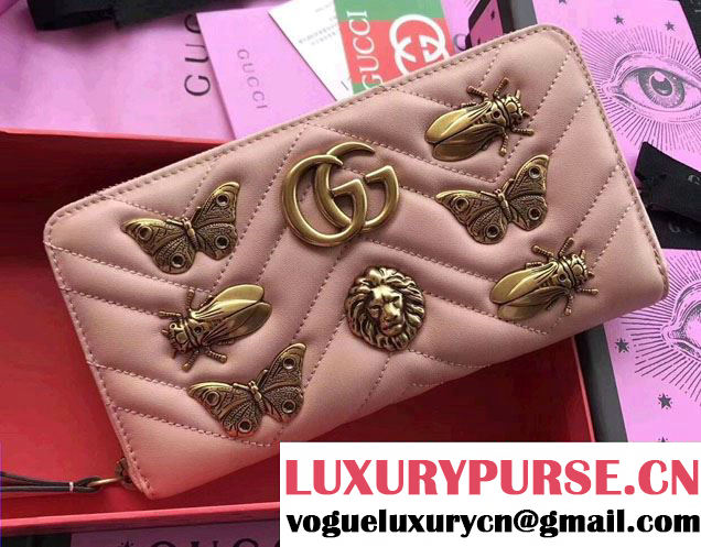 Gucci GG Marmont Metal Animal Insects Studs Zip Around Wallet 443123 Nude Pink 2017