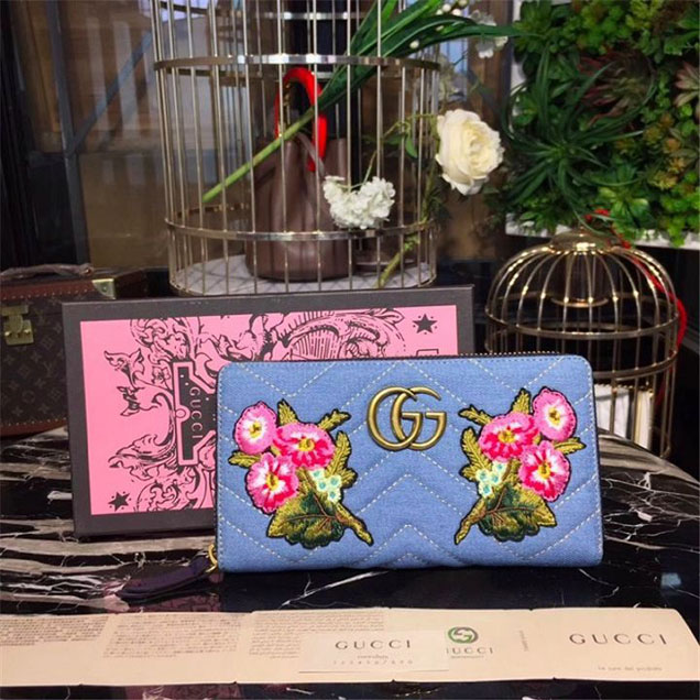 Gucci Pearl GG Marmont Floral Matelasse Chevron Zippy Wallet 19cm Calfskin Leather Fall Winter 2017 Collection Denim Blue