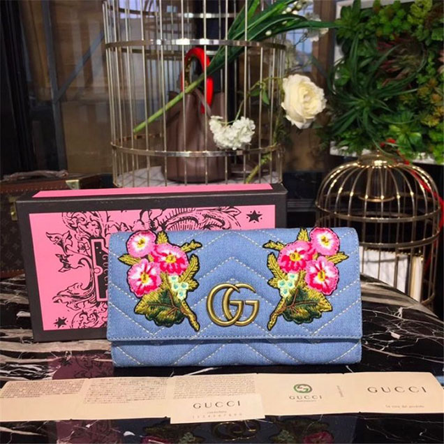 Gucci Pearl GG Marmont Floral Matelasse Chevron Continental Wallet 19cm Calfskin Leather Fall Winter 2017 Collection Denim Blue