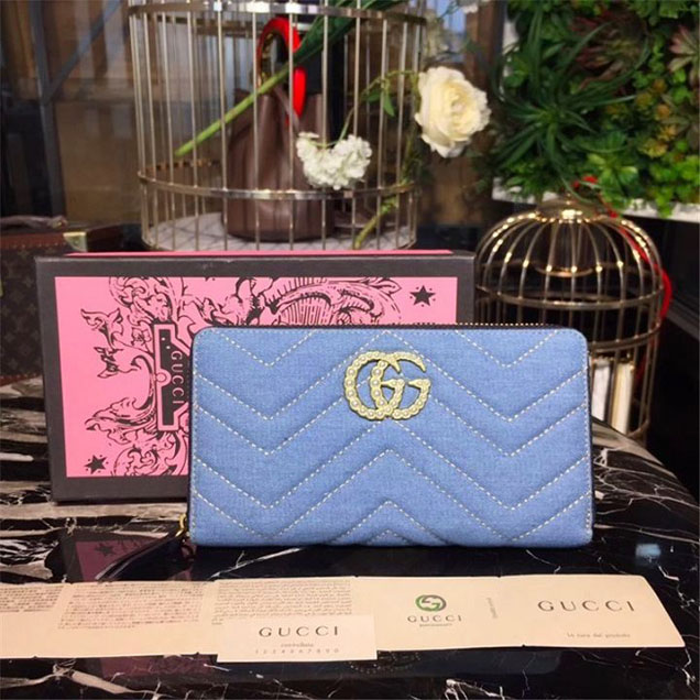 Gucci Pearl GG Marmont Matelasse Chevron Zippy Wallet 19cm Calfskin Leather Fall Winter 2017 Collection Denim Blue