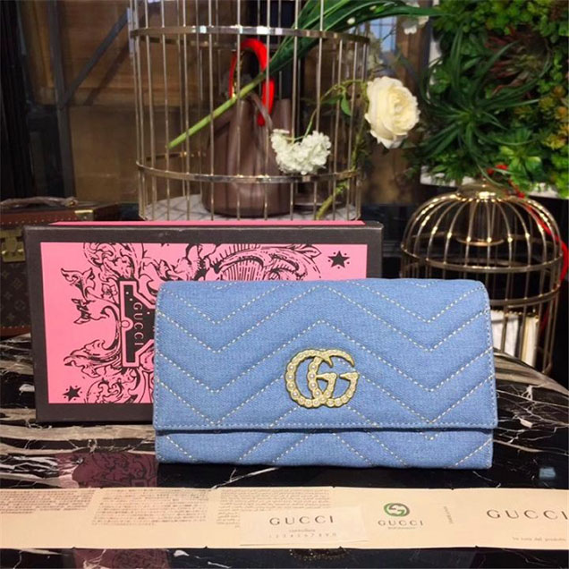 Gucci Pearl GG Marmont Matelasse Chevron Continental Wallet 19cm Calfskin Leather Fall Winter 2017 Collection Denim Blue