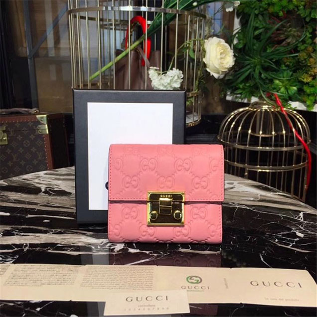 Gucci Tri-Fold Padlock Wallet 12cm Calfskin Leather Fall Winter 2017 Collection Pink