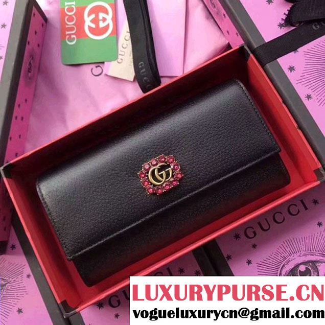 Gucci Leather Continental Wallet With Double G and Crystals Black 2018 (XYS-7120517 )