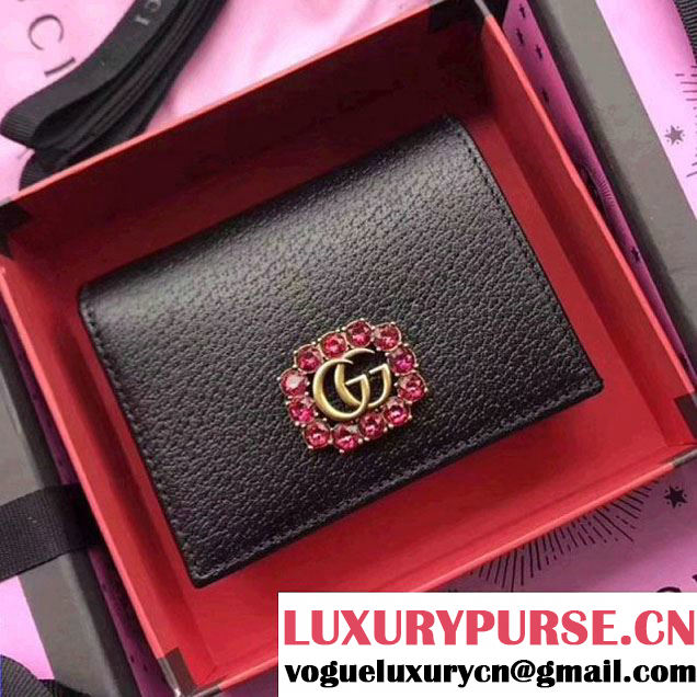 Gucci Leather Card Case with Double G and Crystals 499783 Black 2018 (XYS-7120521 )