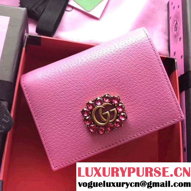 Gucci Leather Card Case with Double G and Crystals 499783 Pink 2018 (XYS-7120522 )