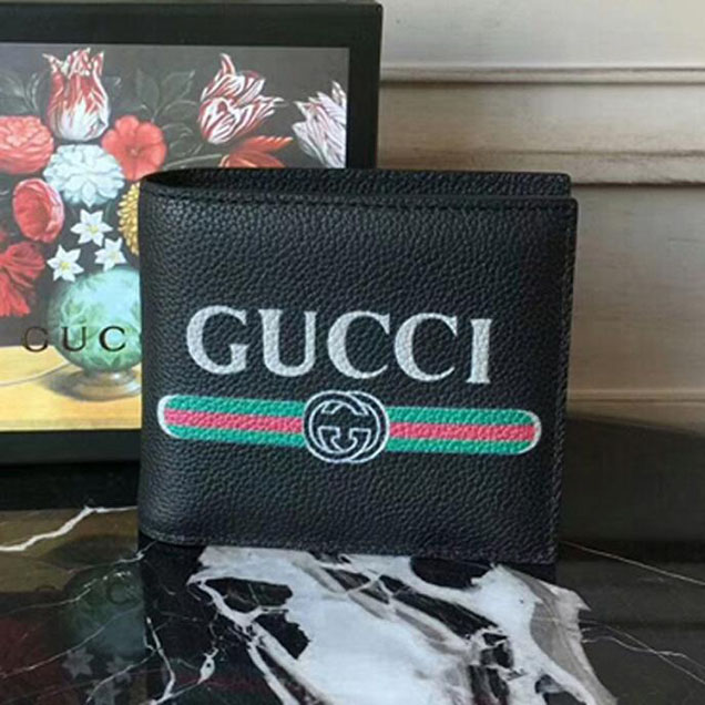 Gucci Print Leather Bi-Fold Wallet 496309 Black